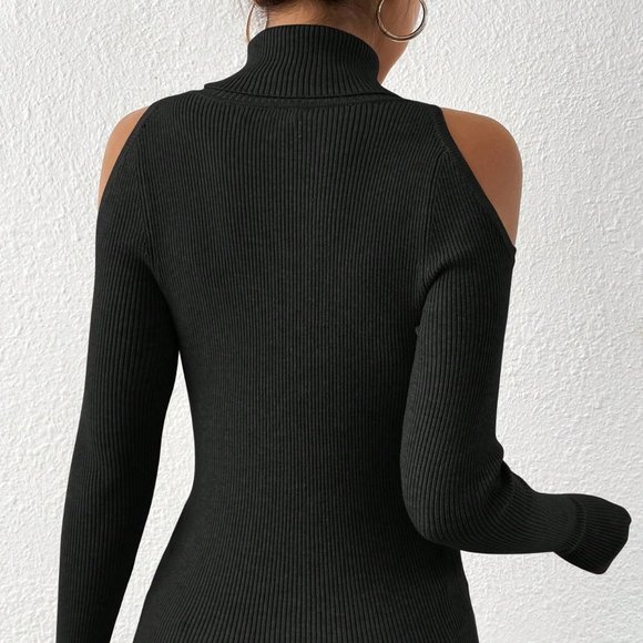 Black Casual Womens Turtleneck Cold Shoulder Ribbed Knit Sweater - Picture 2 of 5
